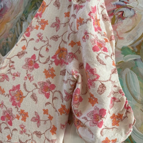 Tintoretto Linen Floral Dress White Pink Orange Short Sleeve V-Neck Size M - Picture 12 of 16